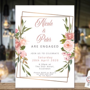 Rosa Rosen Goldrahmen-Verlobungs-Einladung, druckbare Einladung, Blush Verlobung einladen, Paare Duschen, Hochzeit einladen, Goldrahmen