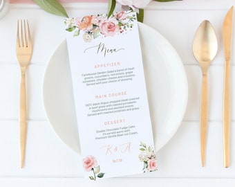 Pink Floral Wedding Menu: Blush Rose Design (DIY Editable, Printable PDF)