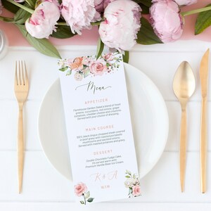 Różowe kwiatowe menu weselne, edytowalne menu DIY, karty menu, menu do druku, różoworóżowe menu weselne, menu na imprezę, pobieranie menu, menu kwiatów