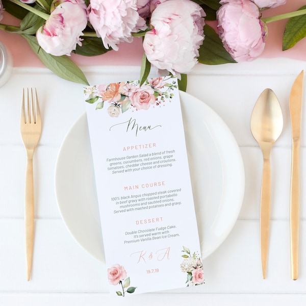 Menu de mariage floral rose, menu modifiable DIY, cartes de menu, menu imprimable, menu de mariage rose poudré, menu de fête, menu à télécharger, menu de fleurs