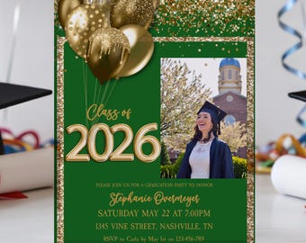 Class of 2026 Graduation Invitation, Emerald Green Gold Grad Party Template, Photo Celebration Invite, Editable Senior Announcement