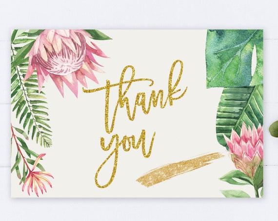 INSTANT DOWNLOAD - Thank You Card , Gold Glitter Pink King Protea, Summer Spring, Tropical Thank You, Printable Thank You Card, Pink Floral