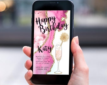 Pink Champagne Marble Electronic Birthday, Smartphone SMS Digital Editable template, EcoFriendly, Electronic Gold Agate Birthday Greeting