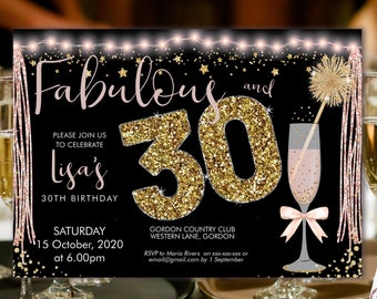 Pink Champagne 30th Birthday Invitation: Sparkle Lights (Printable Template)