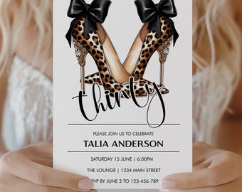 30th Birthday Invitation | Black Bow Leopard Heels Design | Editable Template