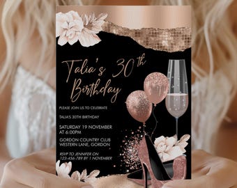 Rose Gold 30th Birthday Invitation – Heels, Balloons, Flowers (Editable Template)