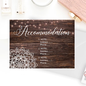 Mandala Anpassung Karte, Party Lichter Hotelauswahl, Holzzaun Mailer, rustikale Hotel Karte, Boho Hochzeit, Scheune Style Cottage Karte