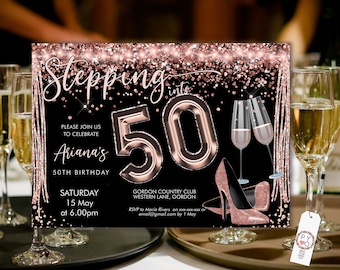 Rose Gold 50th Birthday Invitation Template: Heels & Champagne (Digital Download)