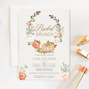 Pumpkin Harvest Floral Bridal Shower Invitation, Fall Shower Invitation, Printable Bridal Shower, Editable Template, Watercolor Autumn Rose