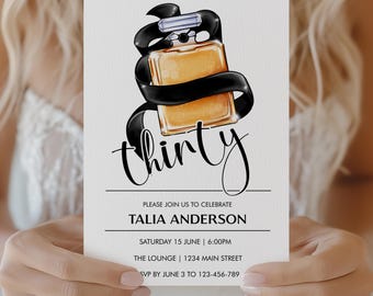 30th Birthday Invitation | Black Bow Perfume Bottle Design | Editable Template