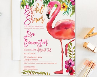 Watercolor Flamingo Bridal Shower Invitation: Tropical Luau (PDF)