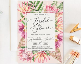 Puede incluir: Una invitación de ducha nupcial floral rosa con un borde blanco. La invitación presenta una ilustración de acuarela de flores de protea rosas y hojas verdes. El texto dice "You're invited to a Bridal Shower", "Celebrating Bride-to-be Annabelle Smith", "Sept 12 11AM", "1300 Riverdale Dr, Whitehall", "RSVP to Alice by 20 August on xxx-xxx-xxx", y "Registered at Target, Macys".