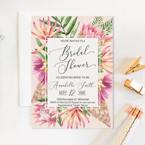 May include: A pink floral bridal shower invitation with a white border. The invitation features a watercolor illustration of pink protea flowers and green leaves. The text reads "You're invited to a Bridal Shower", "Celebrating Bride-to-be Annabelle Smith", "Sept 12 11AM", "1300 Riverdale Dr, Whitehall", "RSVP to Alice by 20 August on xxx-xxx-xxx", and "Registered at Target, Macys".