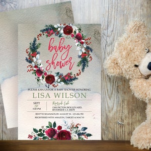 Inbjudan till babyshower med julkrans, rött glitter (redigerbar mall) bild 1