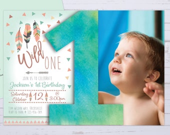 Wild One Boy 1st Birthday Photo Feather Invitation Printable Template, One Editable Birthday Invitation for Boys, Number 1st First Birthday