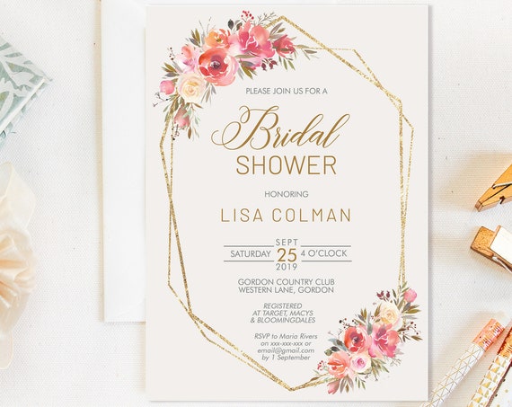 TRY Before You BUY! Floral Bridal Shower invitation, Modern invitation,  Geometric invitation, Watercolor Pink Invitation, Gold Printable