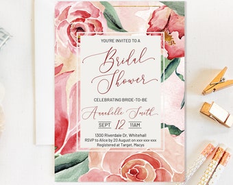 Magnolia Rose Floral Bridal Shower Invitation, Pink Romantic Invitation,  Flowers Invitation, Watercolor Pink Invitation, Pastel Printable