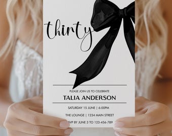 30th Birthday Invitation | Black Bow Minimalist Design | Editable Template