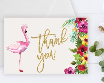 INSTANT DOWNLOAD - Thank You Card , Gold Glitter Pink Flamingo, Summer Spring, Tropical Thank You, Printable Thank You Card, Pink Flamingo,