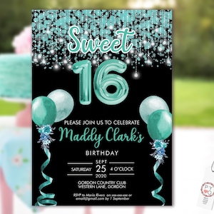 Sweet 16 Aqua Party Invitation Printable Template, Black Editable Invitation, Blue 16th Birthday,  Balloon Invite, 16 Teal Editable Invite