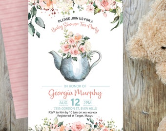 Invitación para baby shower con temática floral y de fiesta de té en tonos rosados (plantilla editable)