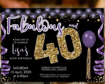 Purple Gold Glitter 40 Birthday Invitation Printable Template, Birthday Party Invitation Women, Printable purple ribbon lights Invite