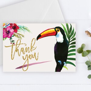 DOWNLOAD INSTANTÂNEO - Cartão de agradecimento, Tucano com glitter dourado, Primavera de verão, Hibisco rosa, Agradecimento tropical, Cartão de agradecimento para impressão, Pássaros