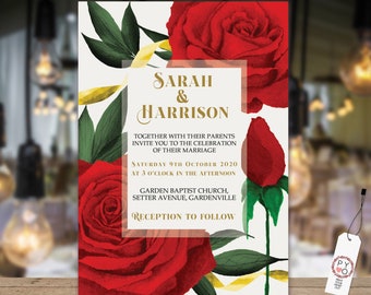 Red Roses Wedding Invitation, Beauty Beast Theme Invitation, Rehearsal Invitation, Watercolor Red Invitation, Printable, Editable Template