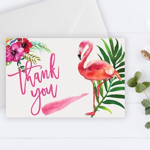 Carte de remerciement flamant rose, palmier flamant rose, hibiscus orange, merci tropical, carte de remerciement imprimable, palmier merci, mariage de remerciements