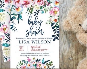 Navy & Pink Floral Baby Shower Invitation: Editable Watercolor Template