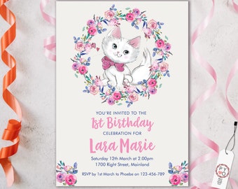 Pink Kitten Birthday Invitation: Floral White Cat Party (Printable Template)
