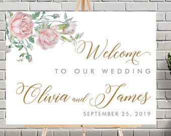 Blush Pink Floral Wedding Welcome Sign: Burgundy Roses (PDF)