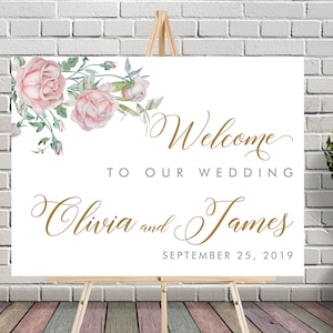 Blush Pink Floral Wedding Sign • Gold Cream Roses • Watercolor Flower Printable Welcome Sign • Geometric Wedding Welcome Sign • Editable