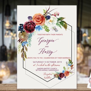 Geometric Fall Floral Wedding Invitation, New Invitation, Rehearsal Invitation, Watercolor Invitation, Winter Wedding, Editable Template