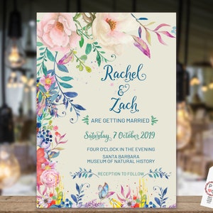 Invitación de boda con flores brillantes, moderna, para recepción, con flores en acuarela, imprimible y editable.