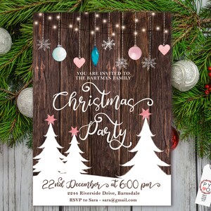 May include: A Christmas party invitation with a rustic wood background. The invitation features white text that reads "Christmas Party" and includes the date, time, and location. Decorative elements include hanging ornaments, snowflakes, and Christmas trees.