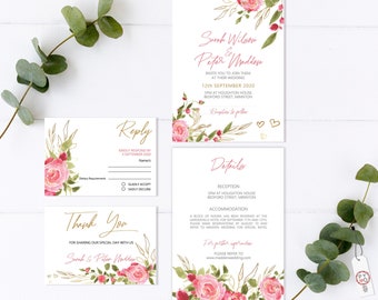 Pink Gold Roses Wedding Invitation Set: Floral Watercolor (Printable, Editable Template)