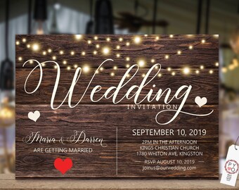 Rustic Wedding Invitation, Party Lights invitation, Wood fence invitation, Rustic Wood Invitation, Hearts, Editable Template, Boho Invite