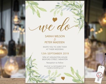 Green Eucalyptus Wedding Invitation, Botanical Cream Invitation, DIY Wedding Invitation, Printable Gold, Editable Template