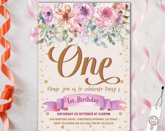 1st Birthday Pink Banner Flowers Invitation Printable Template, One Editable Invitation, Gold Glitter Stars First Birthday, Purple Floral