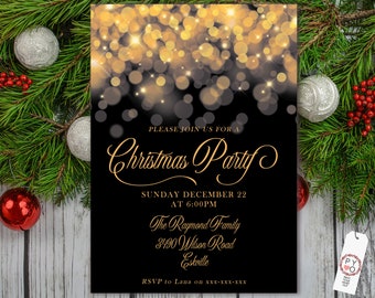May include: A rectangular Christmas party invitation card with a black background and gold bokeh light effects at the top. The text reads: Please join us for a Christmas Party, Sunday December 22 at 6:00PM, The Raymond Family, 3490 Wilson Road, Eskville, RSVP to Lana on xxx-xxx-xxx.