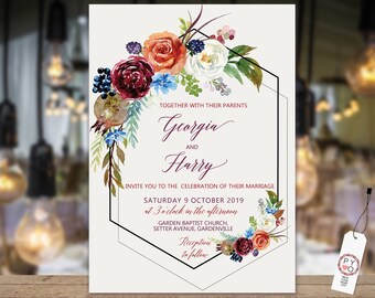 Watercolor Floral Wedding Invitation: Geometric Fall Template (Digital Download)