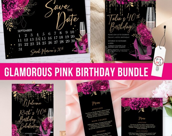 Pink Gold Glitter Stiletto Champagne Birthday Invitation Bundle Templates, Editable Invite, Welcome Sign, Menus, Save the Date, Gold Glitter