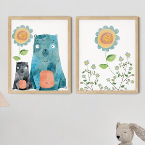 Blue Boho Bears Nursery Art Print Set: Yellow Flowers (Digital Download)