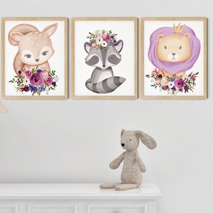Baby Animals Lilac Art Print Set | Printable Nursery Art | Kids Room Art | Lion Raccoon Deer Wall Art | Neutral Nursery Decor | Set 3 Prints