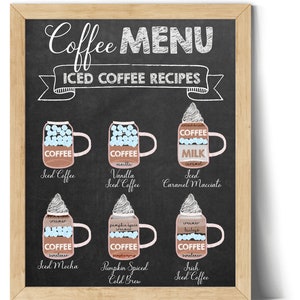 Impressão digital de cardápio de café gelado | Arte de café para impressão | Impressão de arte de quadro-negro | Arte de parede com tipos de café faça você mesmo | Decoração de parede de cozinha