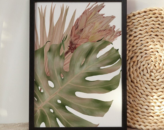 Monstera Protea Digital Print | Printable Pink Art | Tropical Art Print | Natives Wall Art | DIY Wall Art | Grass Leaves Print | Office Art