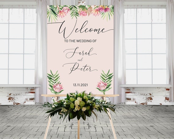 Pink King Protea Wedding Welcome Sign, Modern Tropical, Bridal Sign, Outdoor Sign, Printable, Summer Foliage Wedding