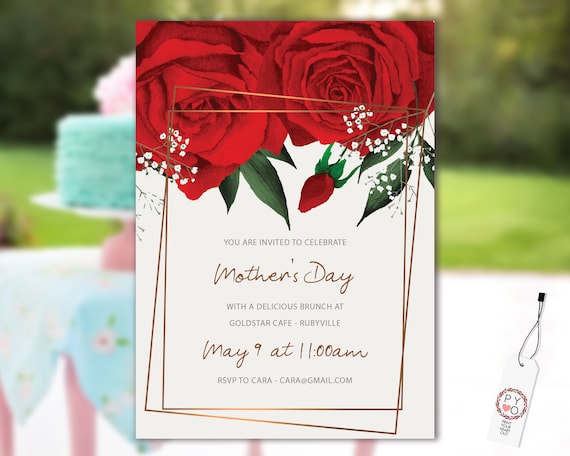 Watercolor Red Roses Mother's Day Brunch Invitation Printable Template, Mom Day Editable Lunch Invitation, Printable Floral Invitation