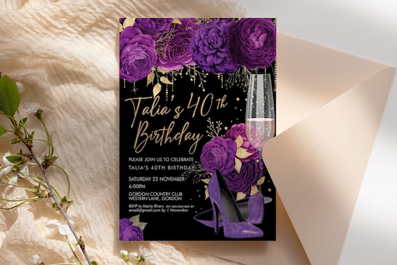 Purple Gold Glitter Stiletto Champagne Birthday Invitation Printable Template, Lavender Shoes Edit Party Dinner Women, Any Age Heels Invite